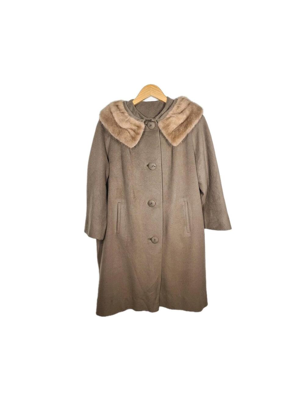 Vtg 100% Cashmere Coat 1960s Sable Mink Portrait Collar Taupe M L Satin Lined
